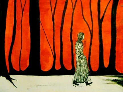 Girl Walking in Red Trees